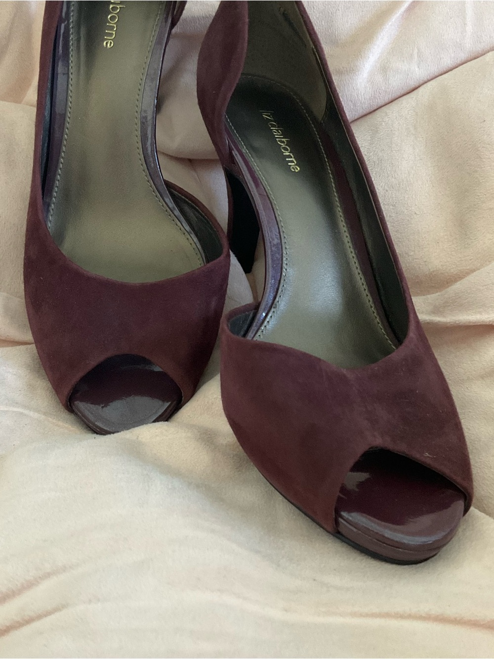 Liz Claiborne Wine Burgundy Suede Peep-Toe Heels